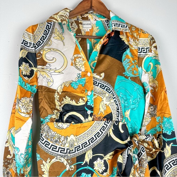 Women Baroque Print Muliti Patterned Button Down Mini Wrap Tied Stain Dress - Picture 5 of 8